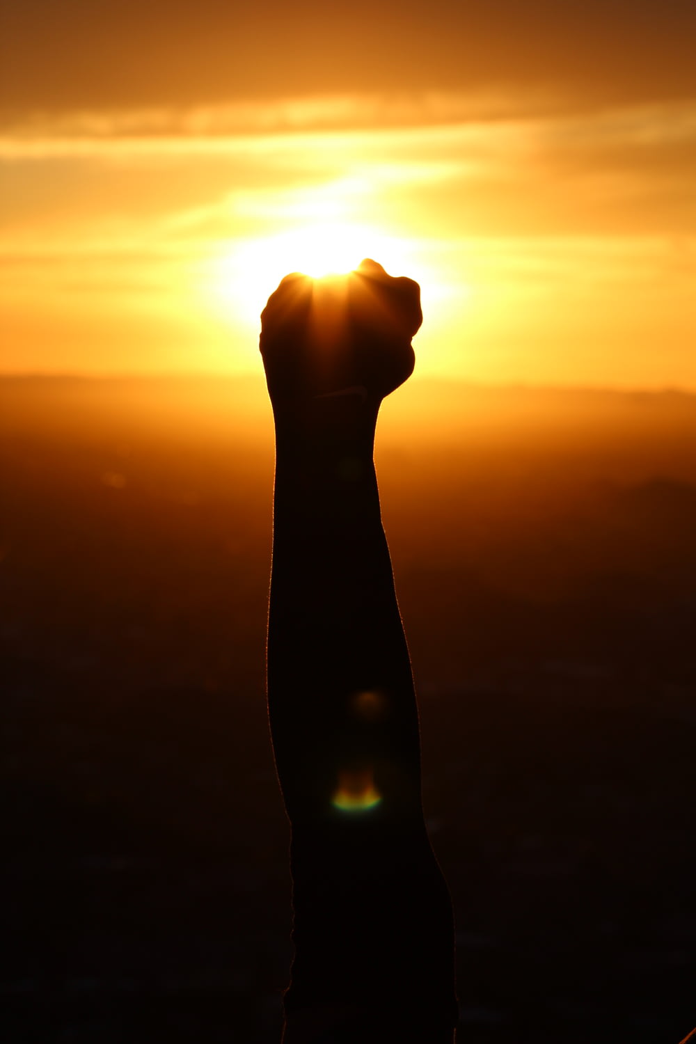 silhouette del pugno della persona durante il tramonto