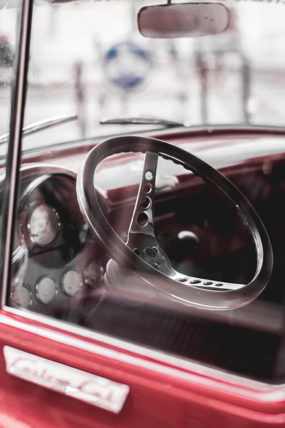 closeup photo of black steering wheel