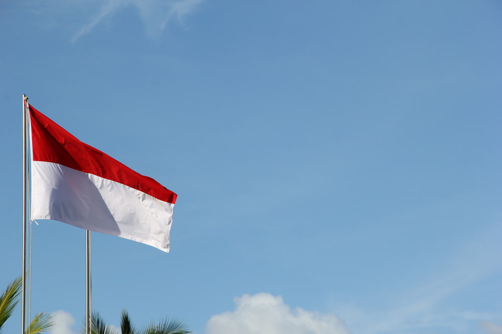 bandeira vermelha e branca sob o céu azul durante o dia