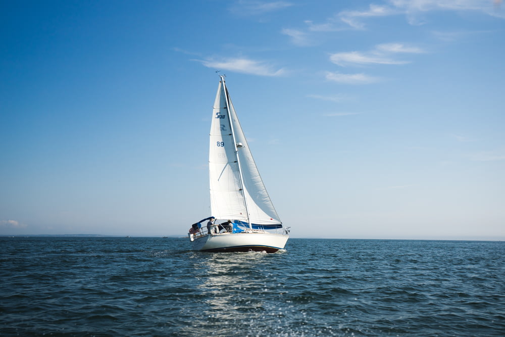 Blau-weißes Segelboot tagsüber auf dem Meer