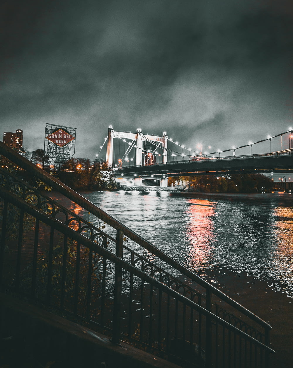 Foto in scala di grigi del ponte illuminato di notte
