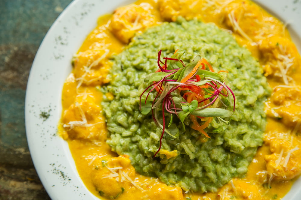 plate of green and yellow sauce