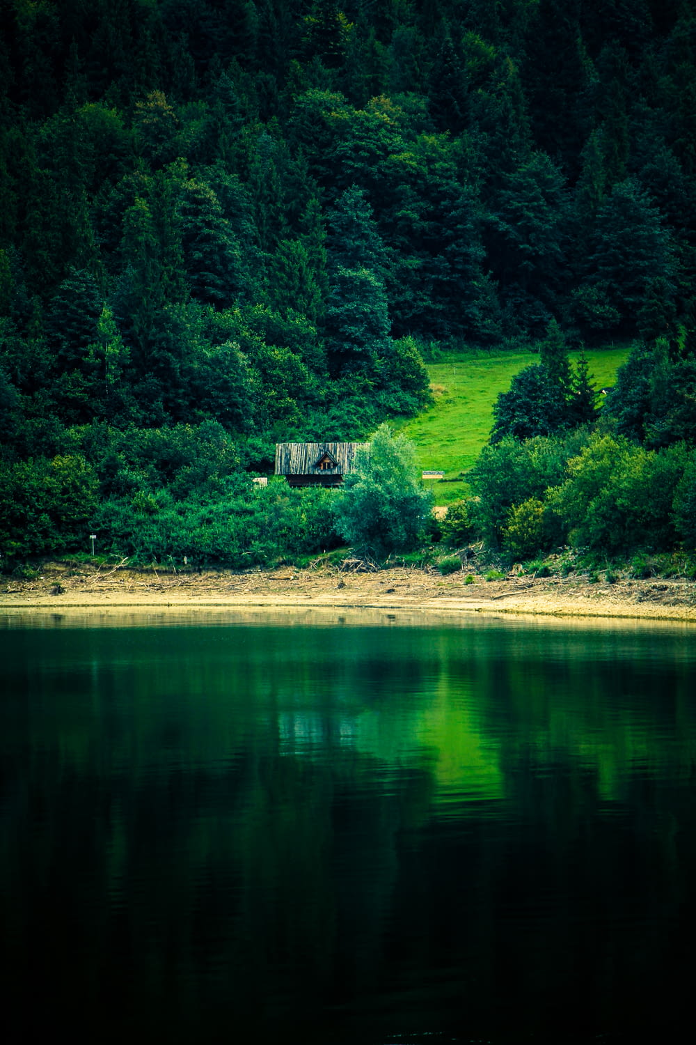 Maison grise sur un champ d’herbe près d’un plan d’eau