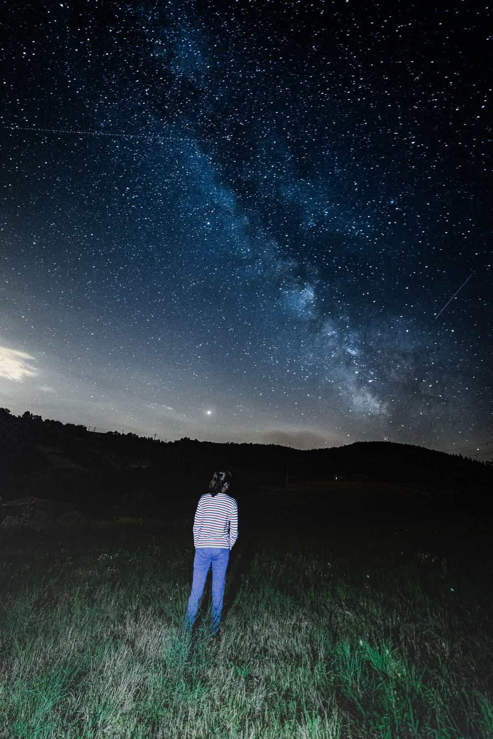 woman standing on green grass watching blue and black milky way