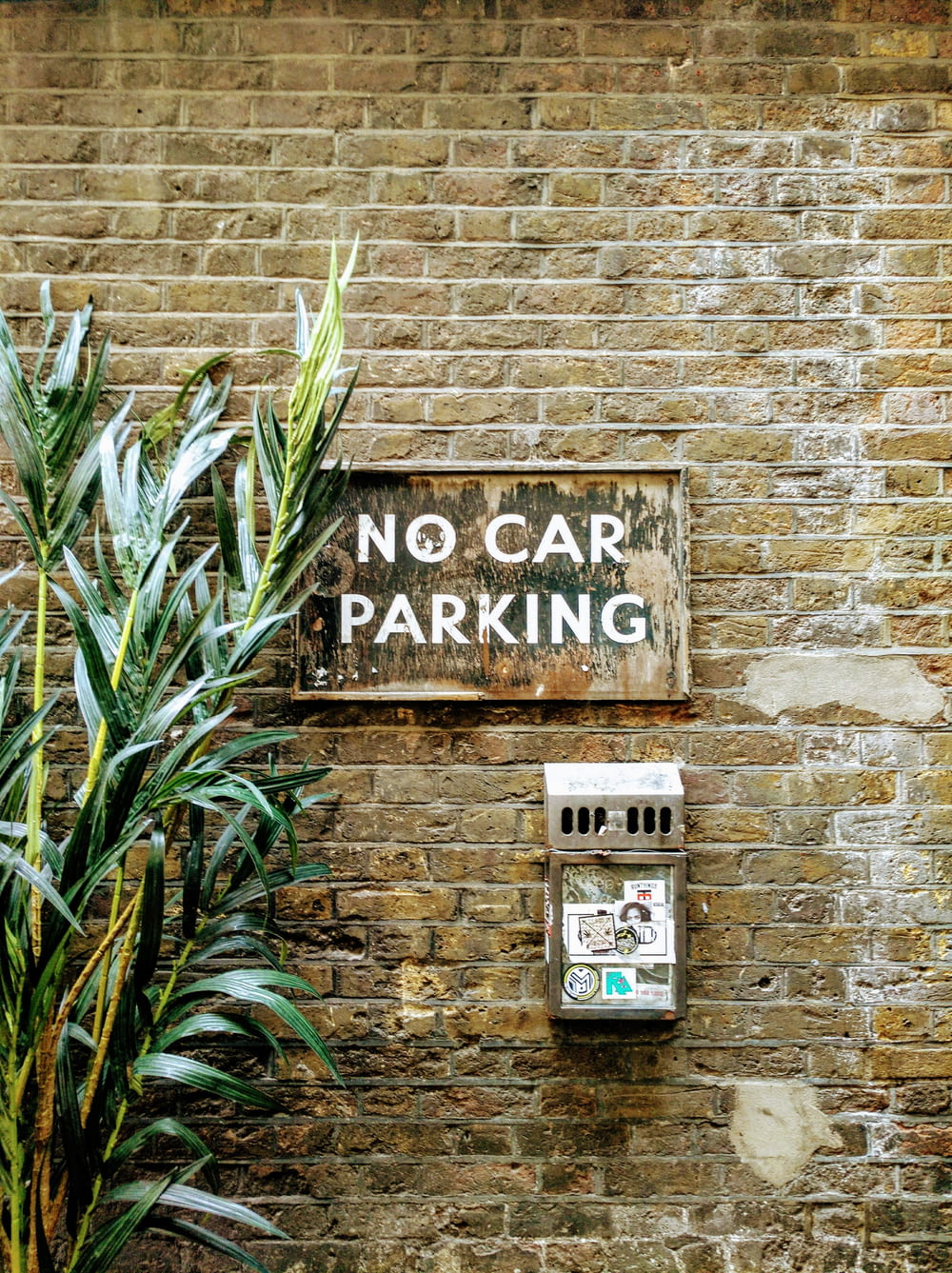 no car parking signage on brown bricked wall