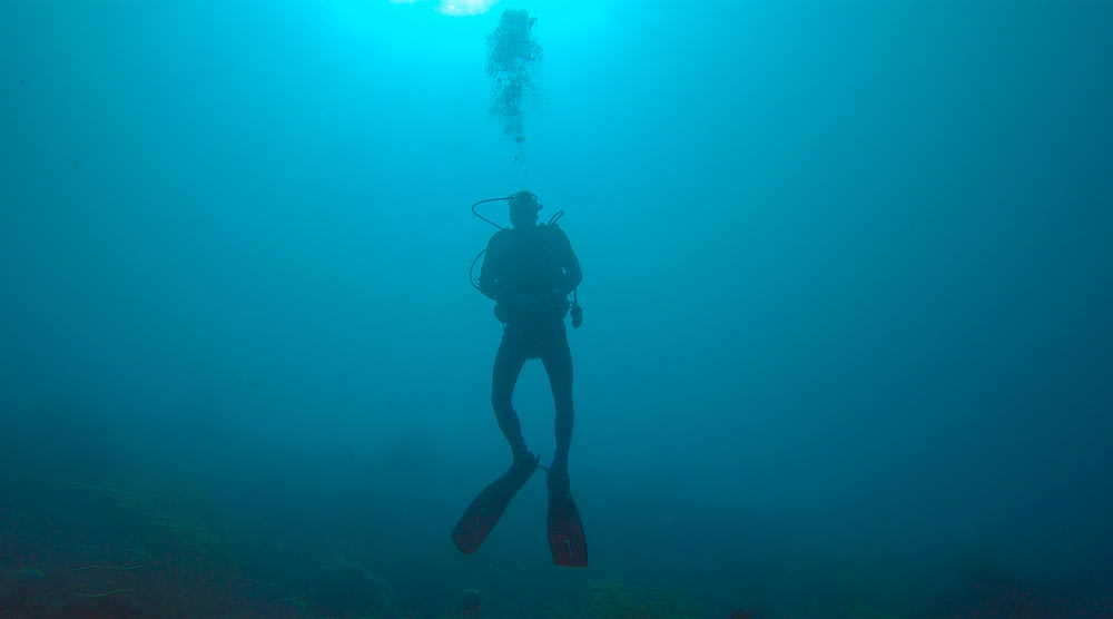 man scuba diving in water