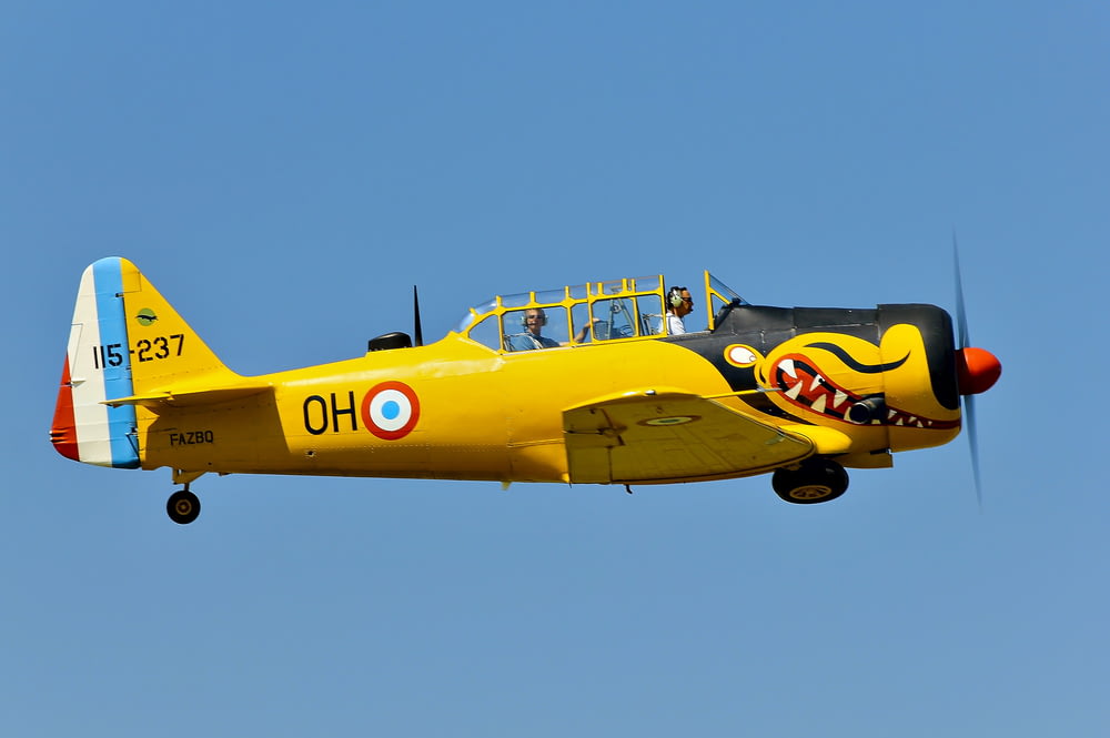 two men riding in yellow plane