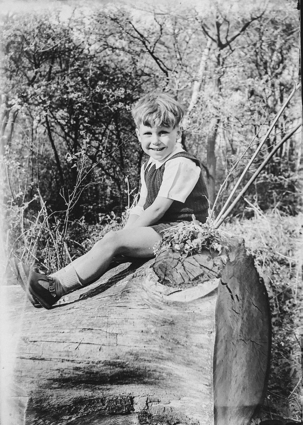 Graustufenfoto eines Jungen auf Baumstamm
