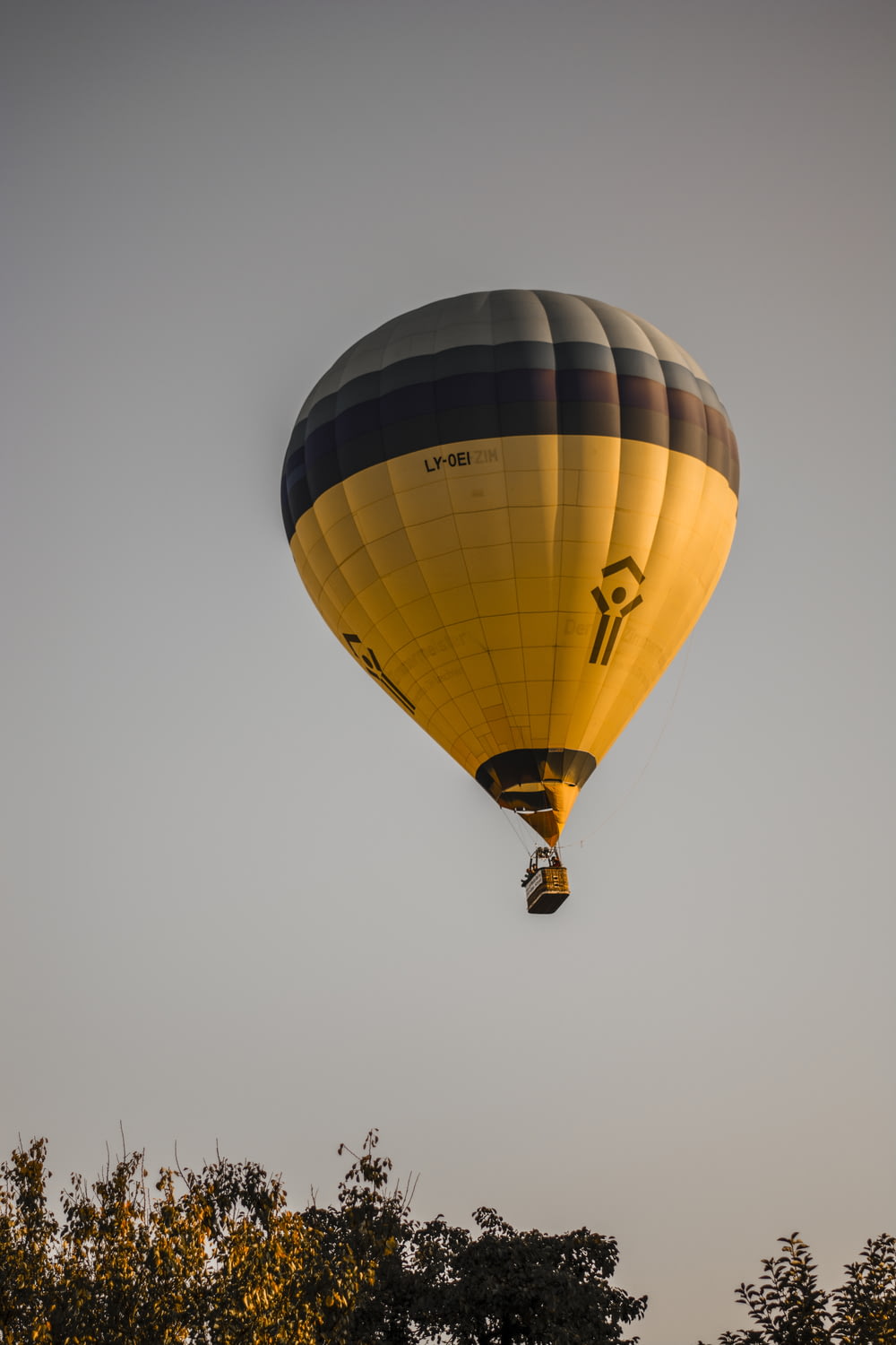 yellow and brown hot air balloon flying