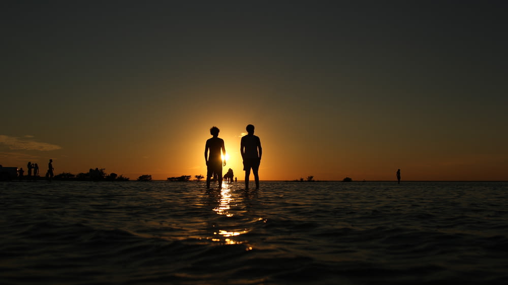 silhouette photography of two people on seashore during golden hour