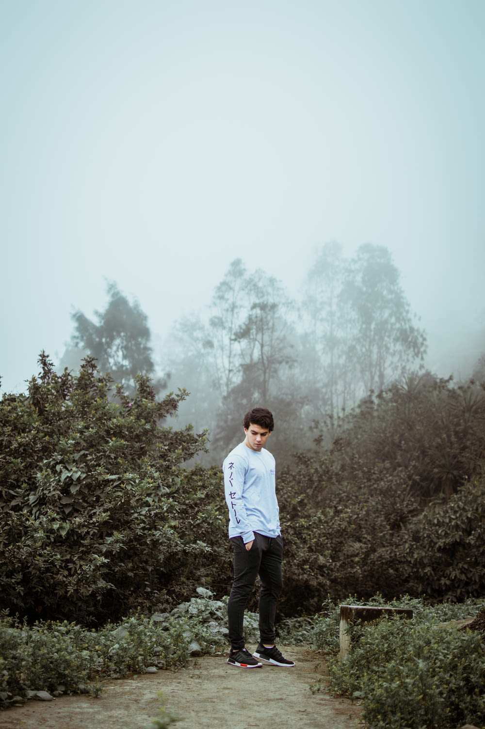 白い長袖シャツを着た男が、頭上に霧が立ち込める庭に立っている