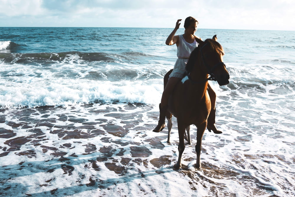 woman riding brown horse on seashore during daytime