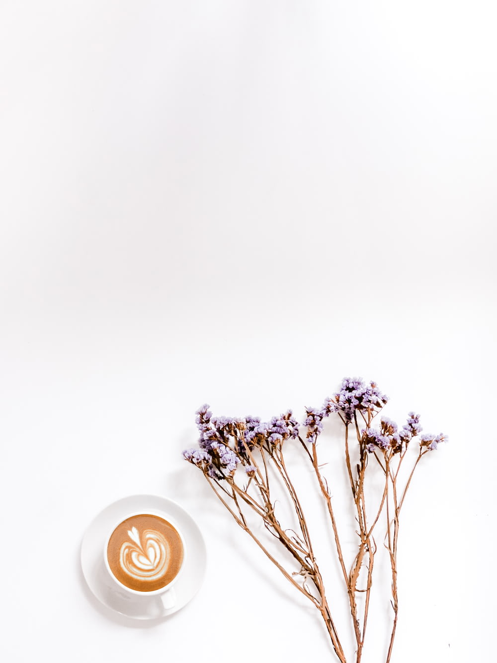 cappuccino beside purple-petaled flowers