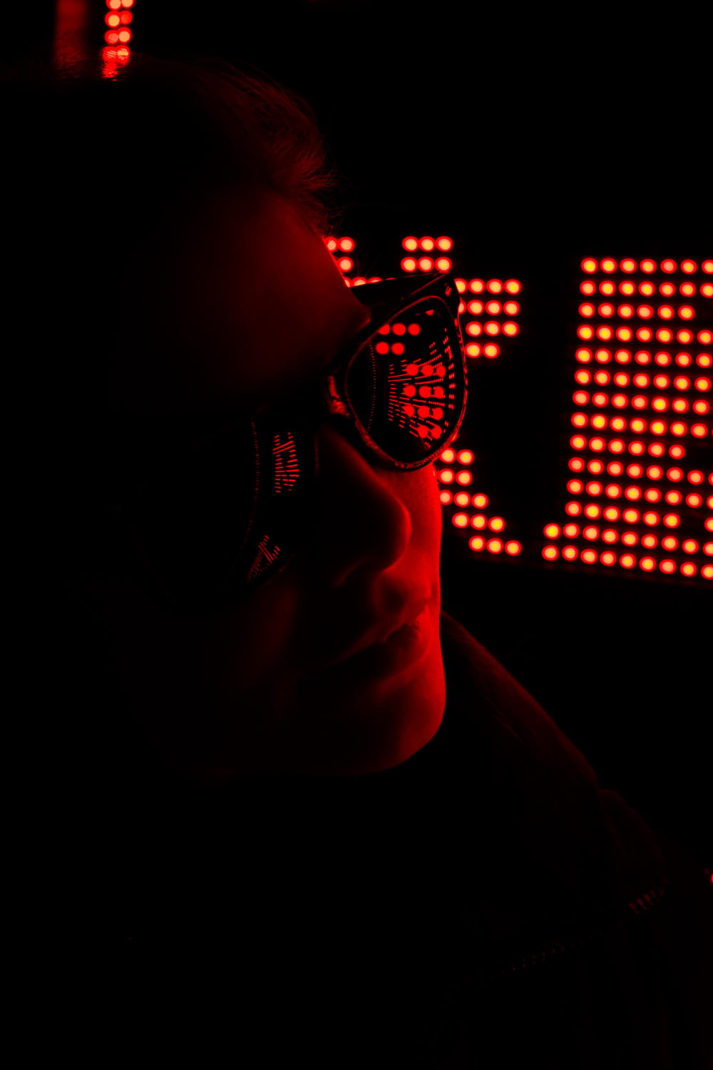 man wearing sunglasses on dark room