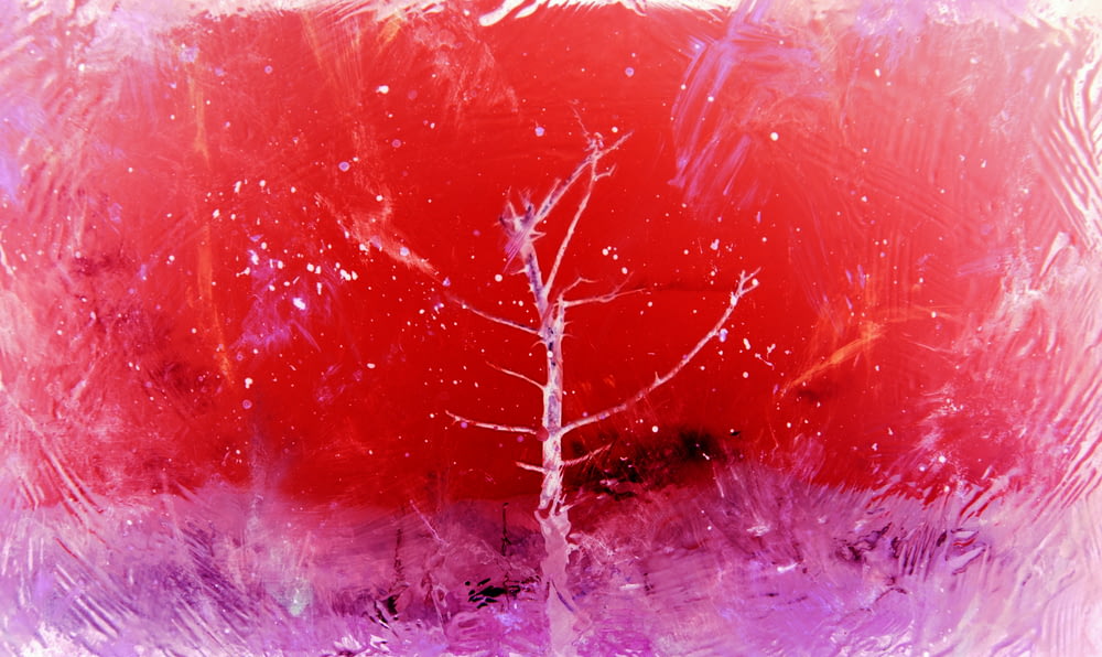 a painting of a tree with red and purple colors