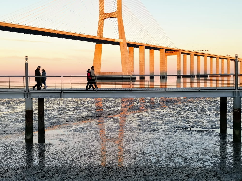 people walking on concrete bridge