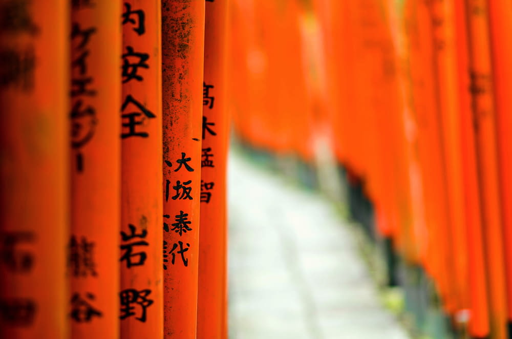 a row of orange poles with asian writing on them