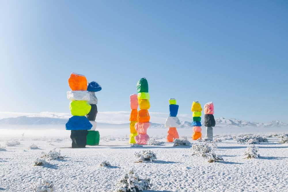 multi-colored rocks on snow