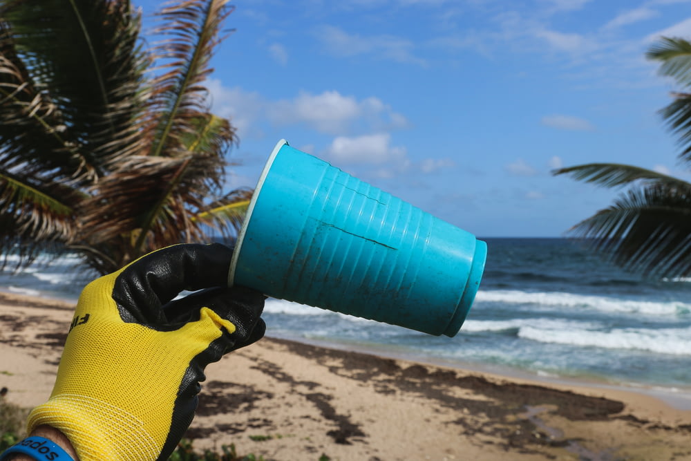 blue plastic cup held by hand with yellow gloves at the beach