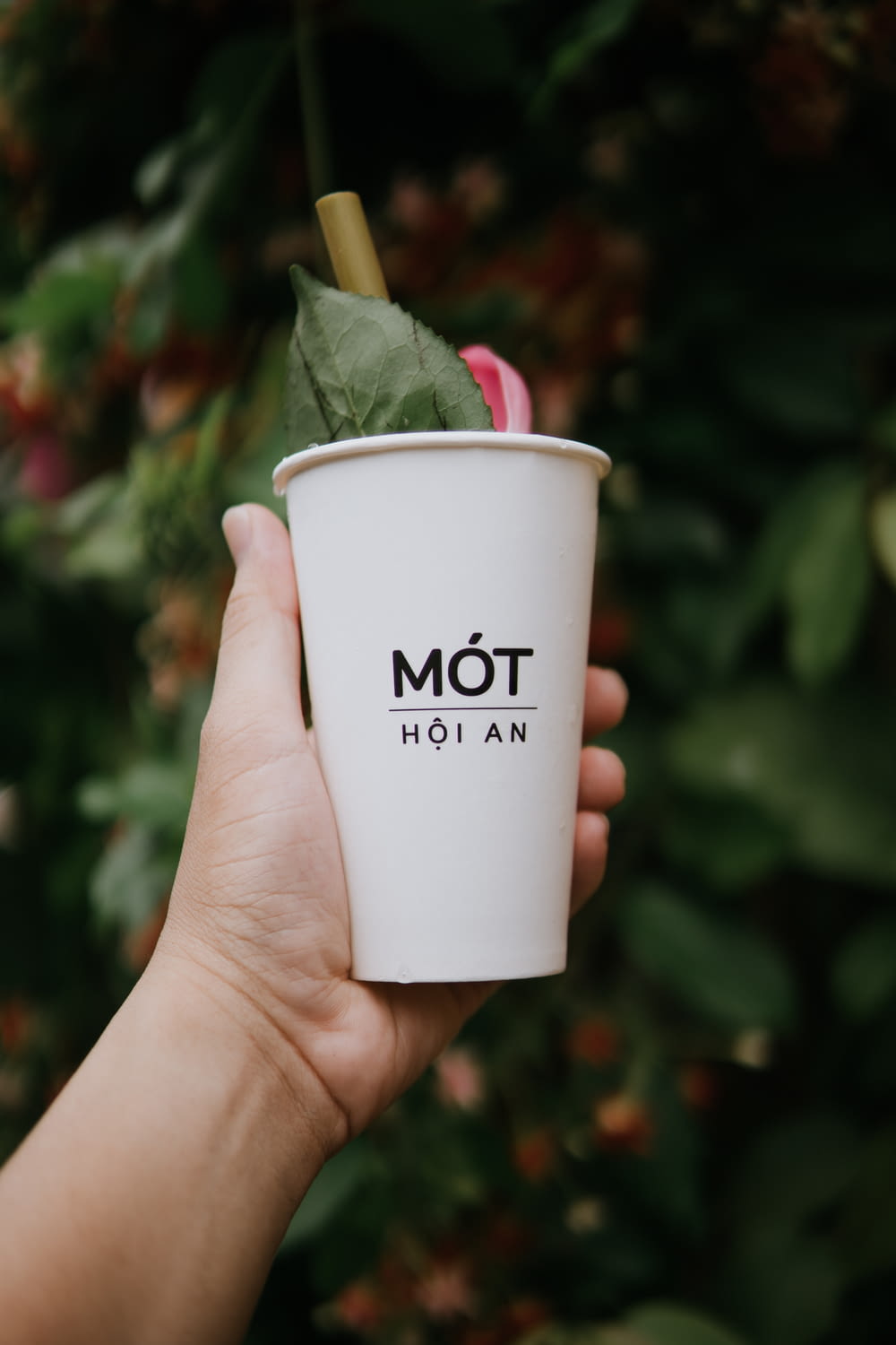 person holding white Mot printed disposable cup