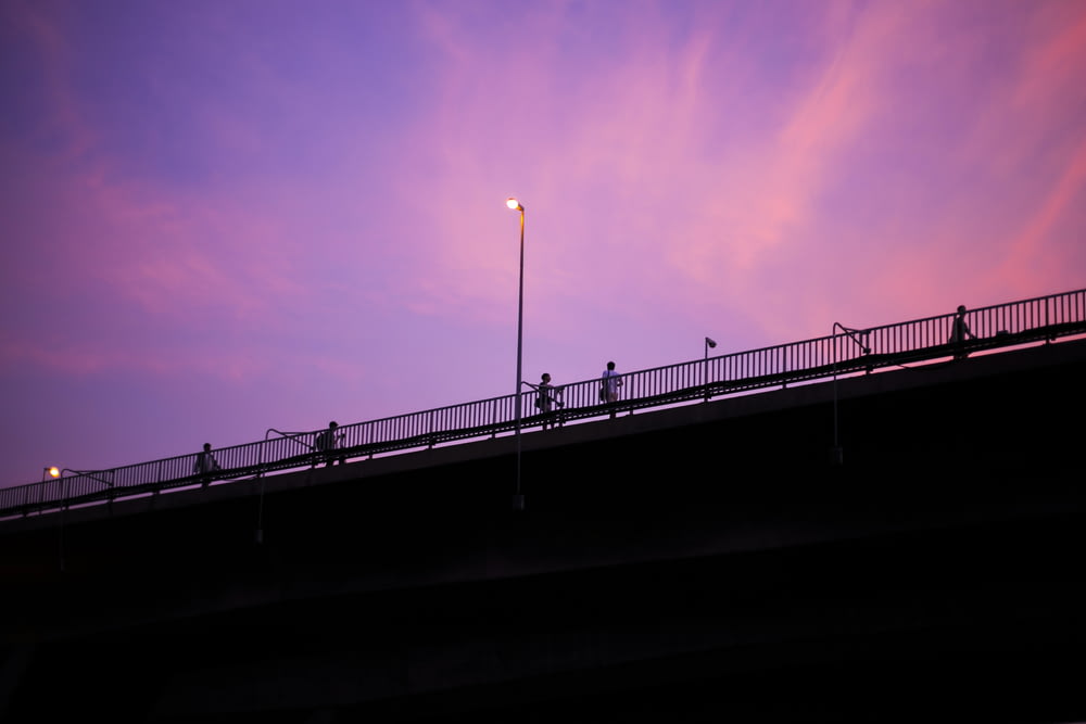silhouette of people leaning beside bridge