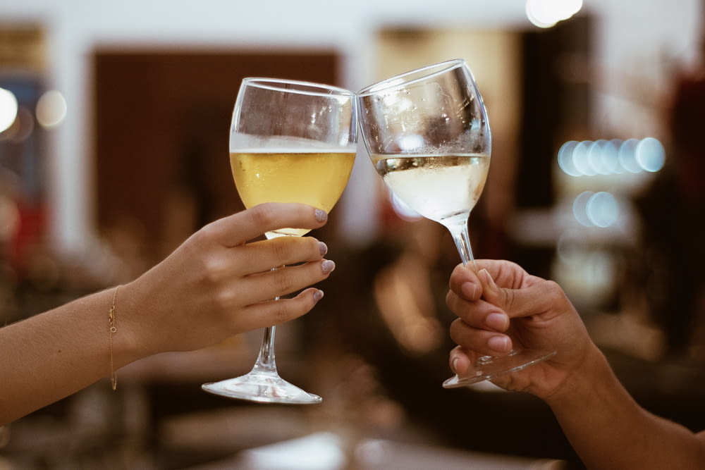 two person toasting with wine glasses