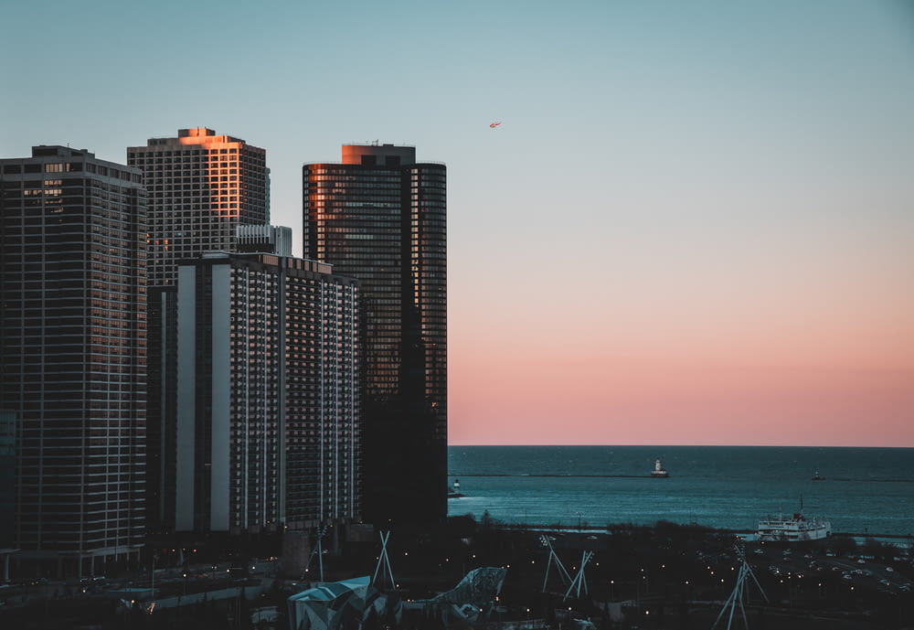 high rise buildings in beach at sunset