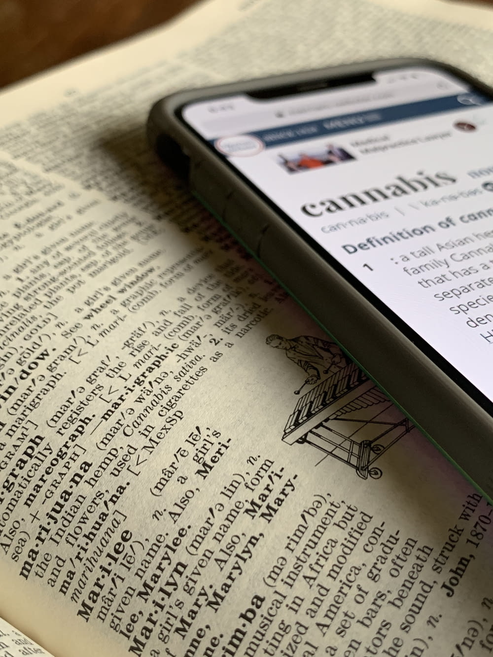 사전 위에 대마초 정의를 표시하는 은색 iPhone X