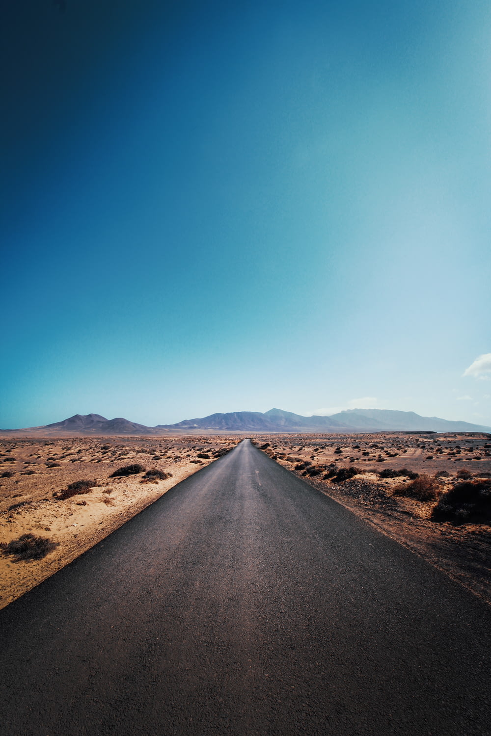 Estrada asfaltada cinza sem veículo perto de campo marrom sob céu azul e branco