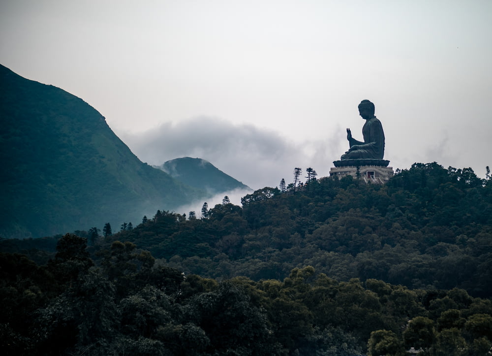 schwarz-graue Buddha-Statue auf dem Gipfel des Hügels