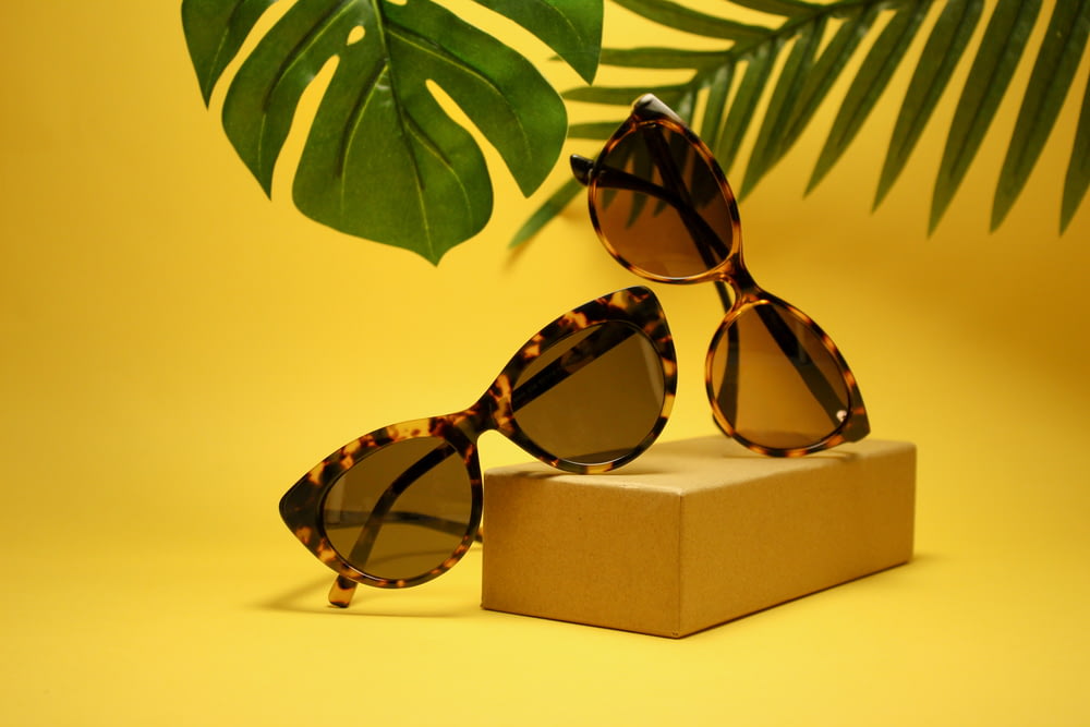 dois óculos de sol estilo Wayfarer com armação de tartaruga com caixa