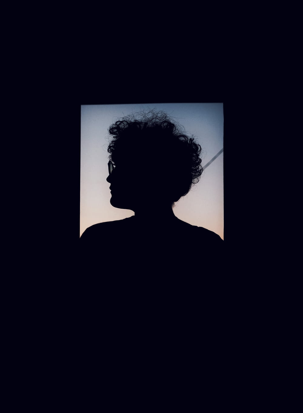 silhouette of person with curly hair and eyeglasses