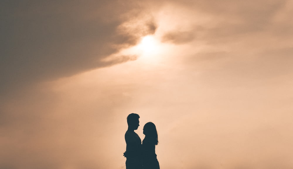 silhouette photography of hugging couple during golden hour