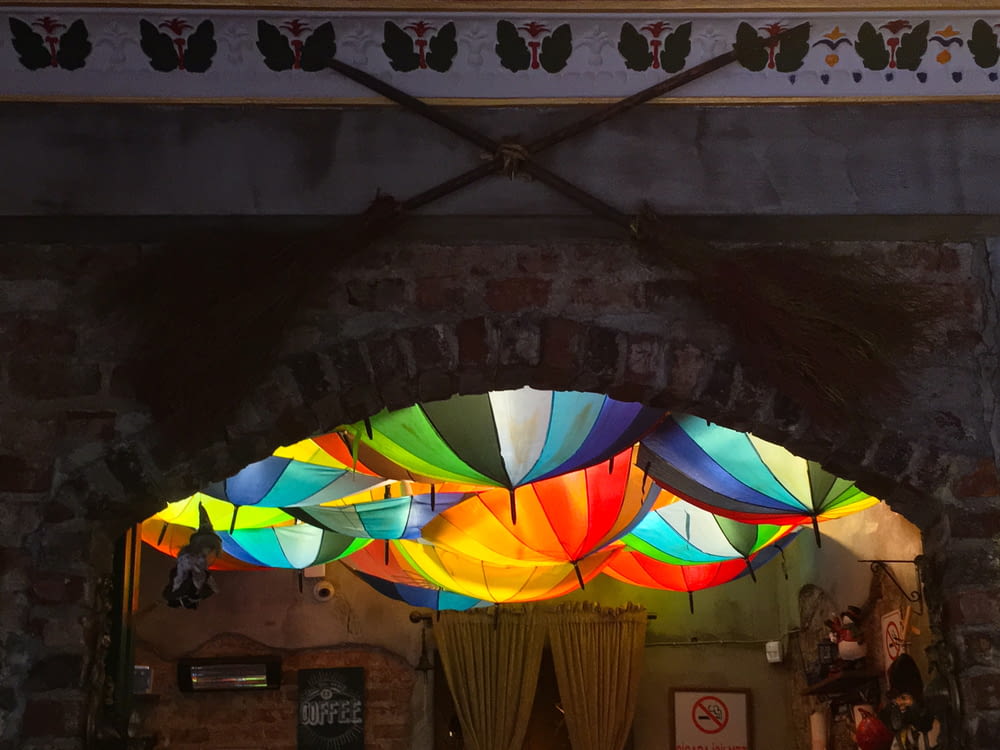 upside down umbrellas inside building with lights
