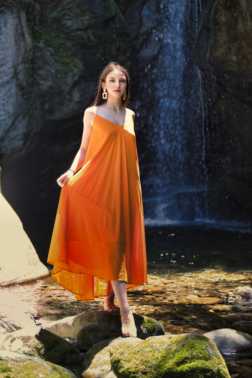 women's orange v-neck a-line dress