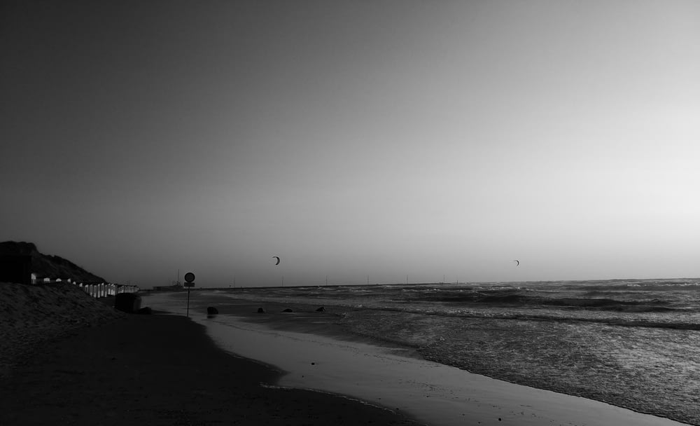 grayscale photo of beach