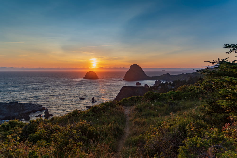 sea cliff overlooking silhouette of stack during golden hour