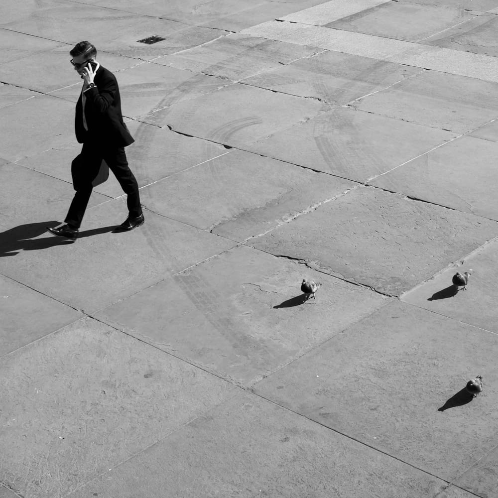homem andando enquanto fala ao telefone ao lado de três pombos na calçada