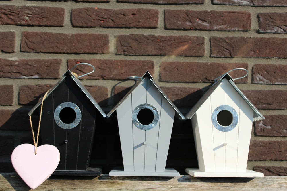 three white and black wooden bird houses