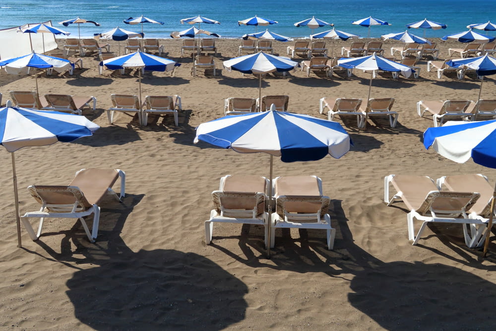 outdoor lounge chairs on seashore during daytime
