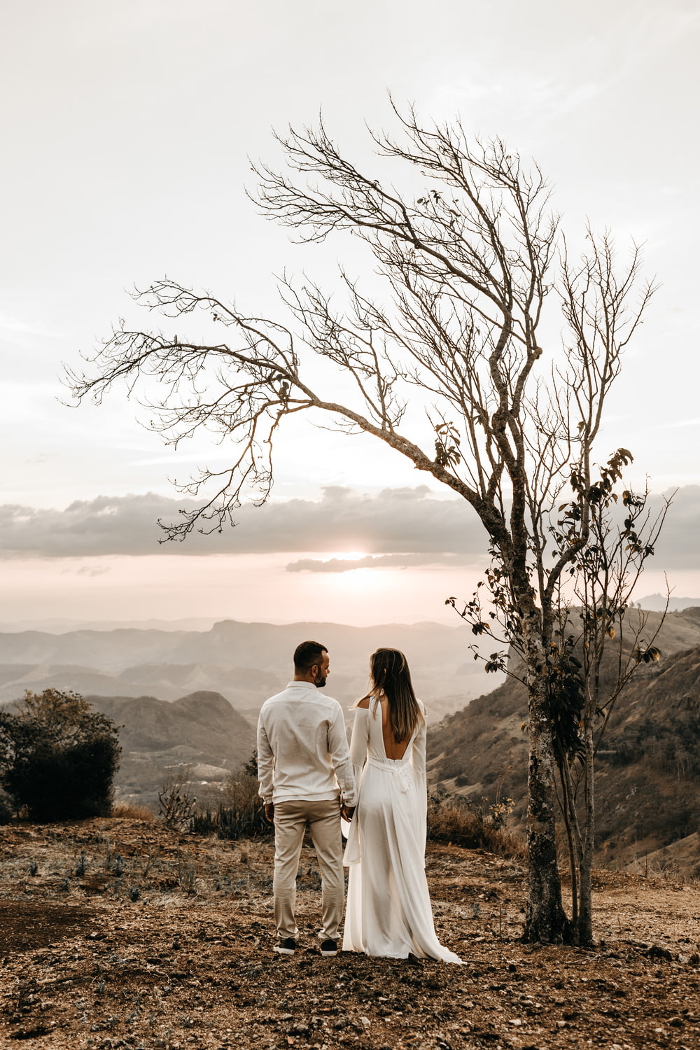 man and woman standing beside bare tree during daytime