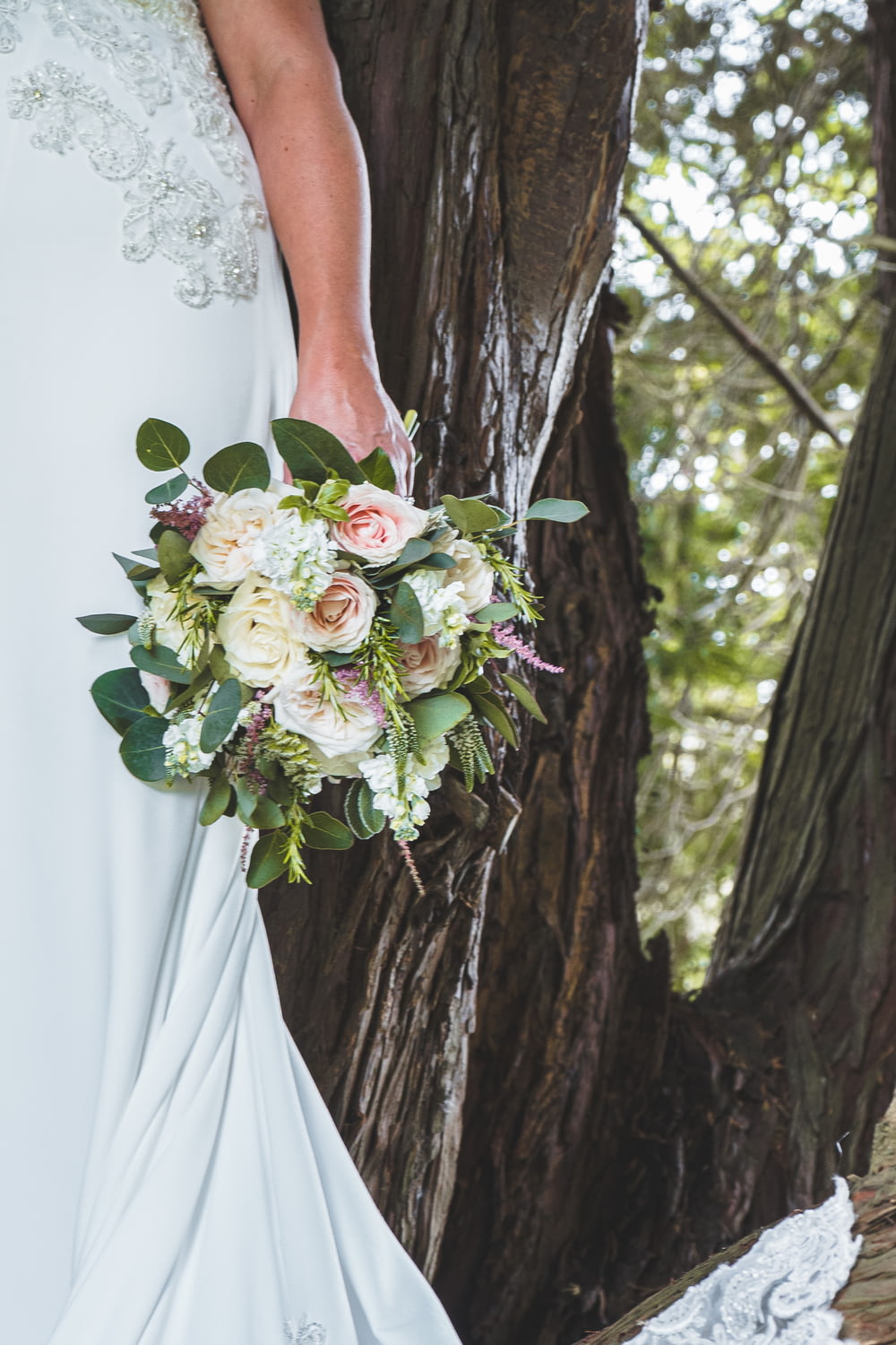 a bride holding a bouquet of flowers in front of a tree