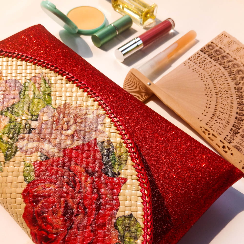red and brown floral wallet