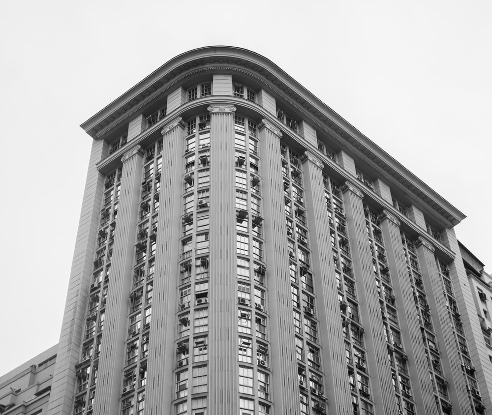 greyscale photography of building