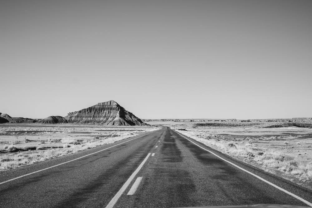 greyscale photography of road