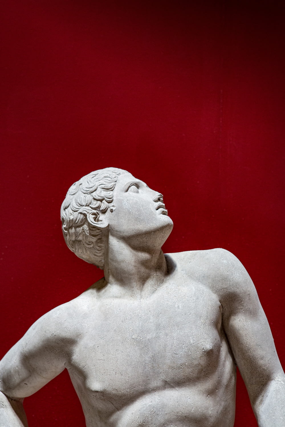 Grecian male statue looks up on red background