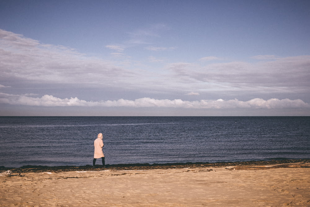person standing on shoreline facing the beach