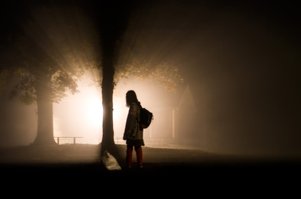 woman standing beside tree with ray of lights