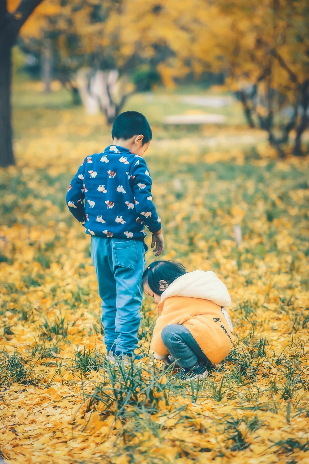 criança vestindo jaqueta laranja e branca colhendo grama e outra criança em pé enquanto olhava para baixo