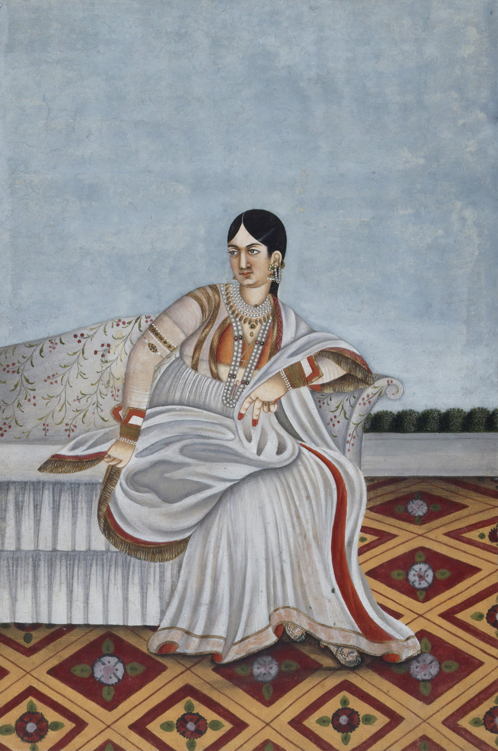 a painting of a woman sitting on a bed